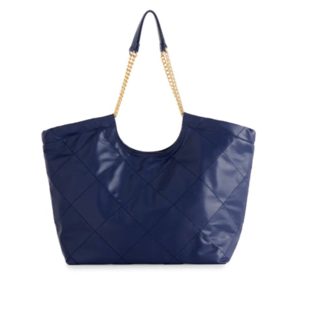 Shiraleah Quilt Navy Blue Mademoiselle Tote Shoulder Bag with Gold Chain Strap